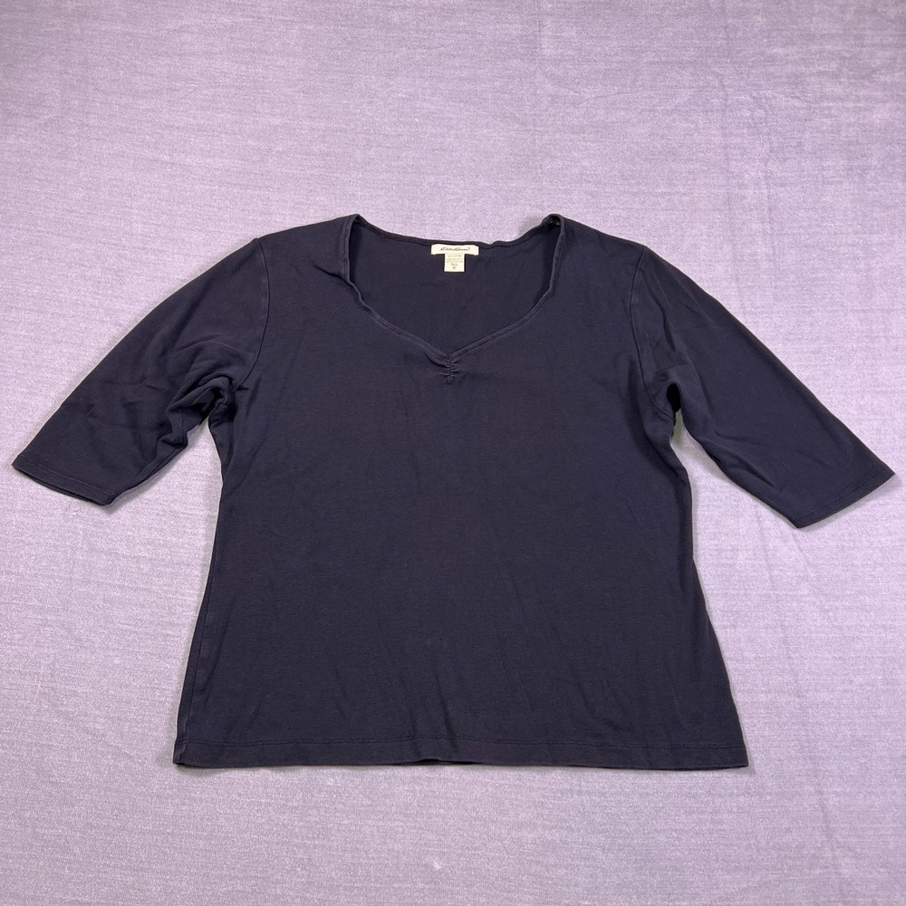 Eddie Bauer Women's Black V-Neck Elbow Sleeve Comfort Stretch T-Shirt Size XLT